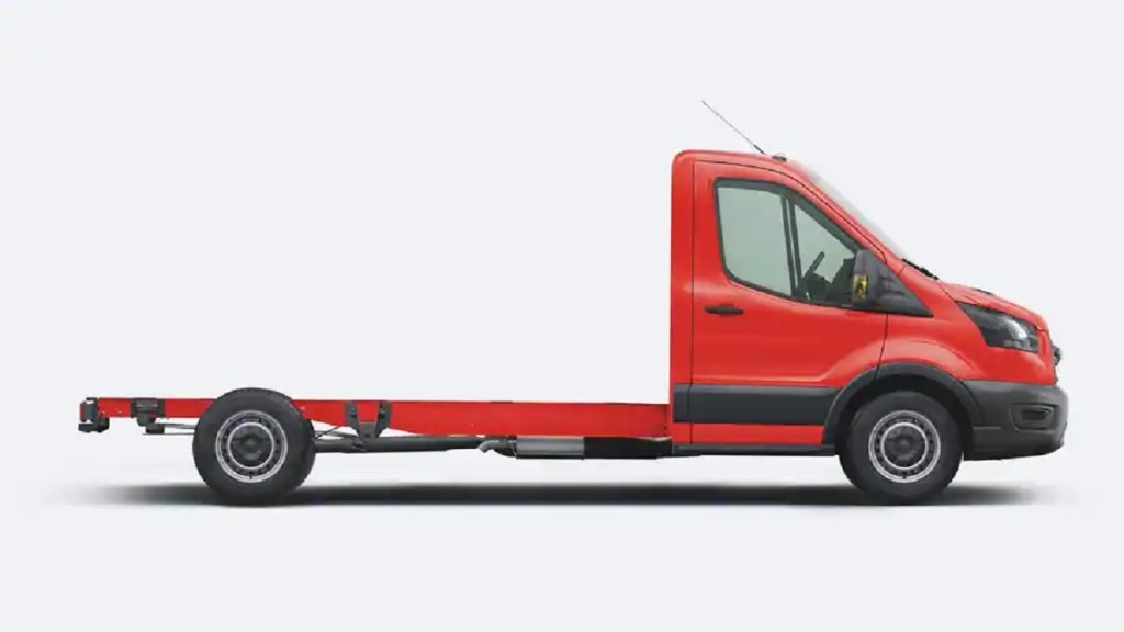 A red Ford ambulance in front of a white background.