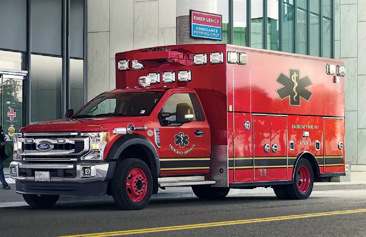 A red Ford ambulance