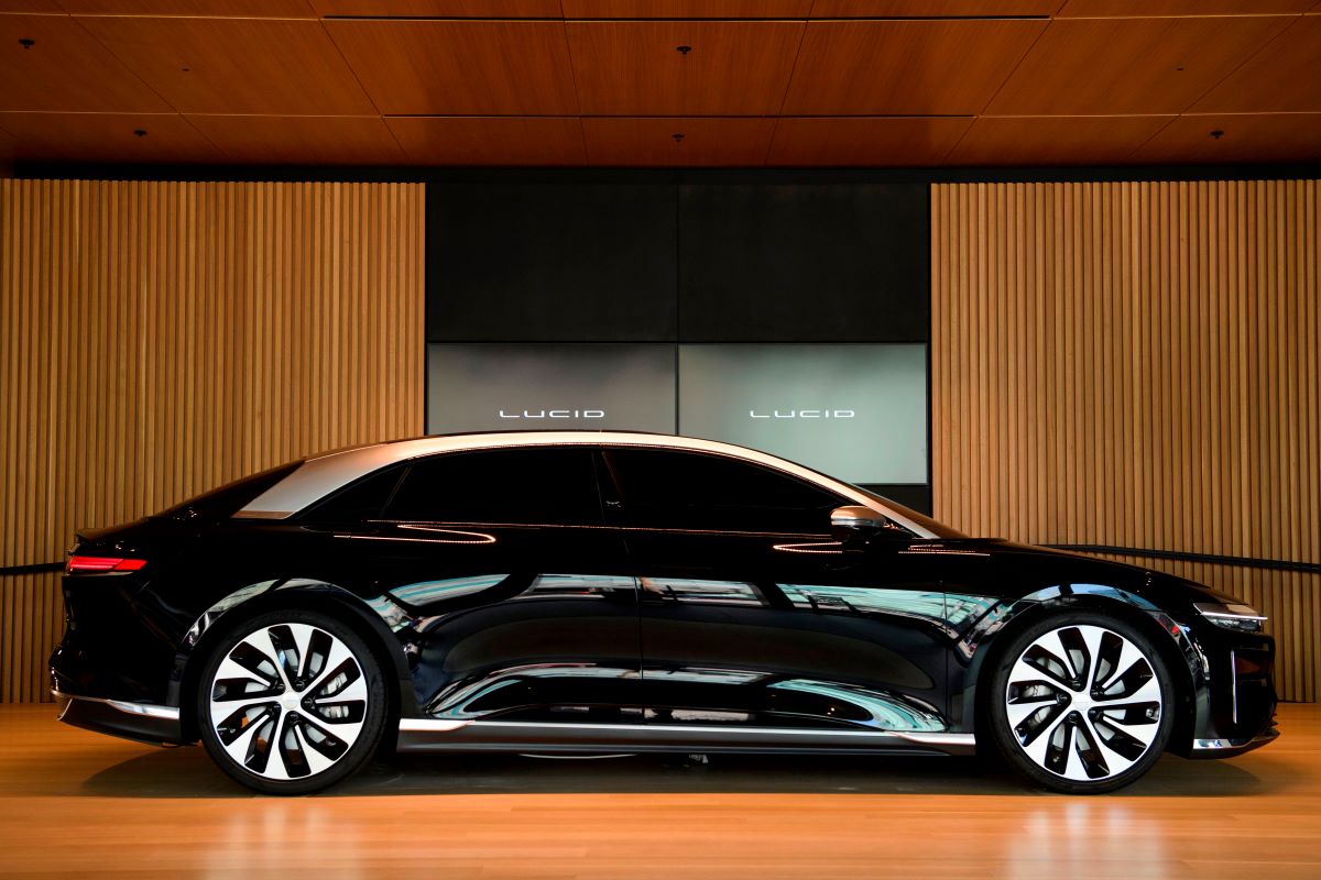 A black 2022 Lucid Air Grand Touring, the best luxury electric car, parked in the studio of Lucid Motors Inc.  in California