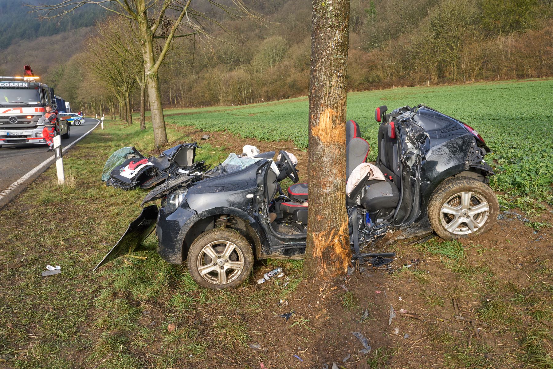 The aftermath of a car accident hitting a tree in Rhineland-Palatinate, Fachbach