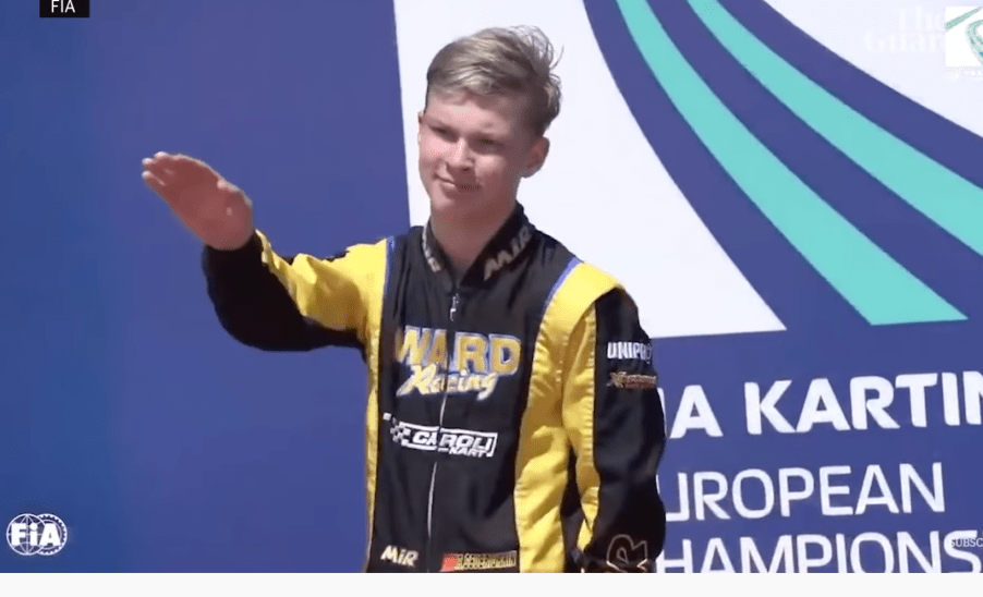 Russian Kart racer, Artem Severiukhin doing Nazi salute on kart racing podeum