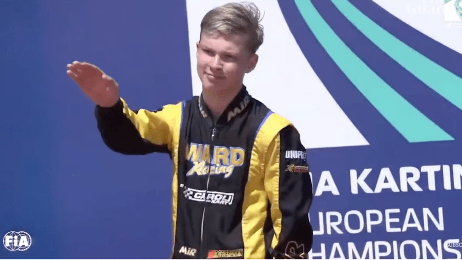 Russian Kart racer, Artem Severiukhin doing Nazi salute on kart racing podeum