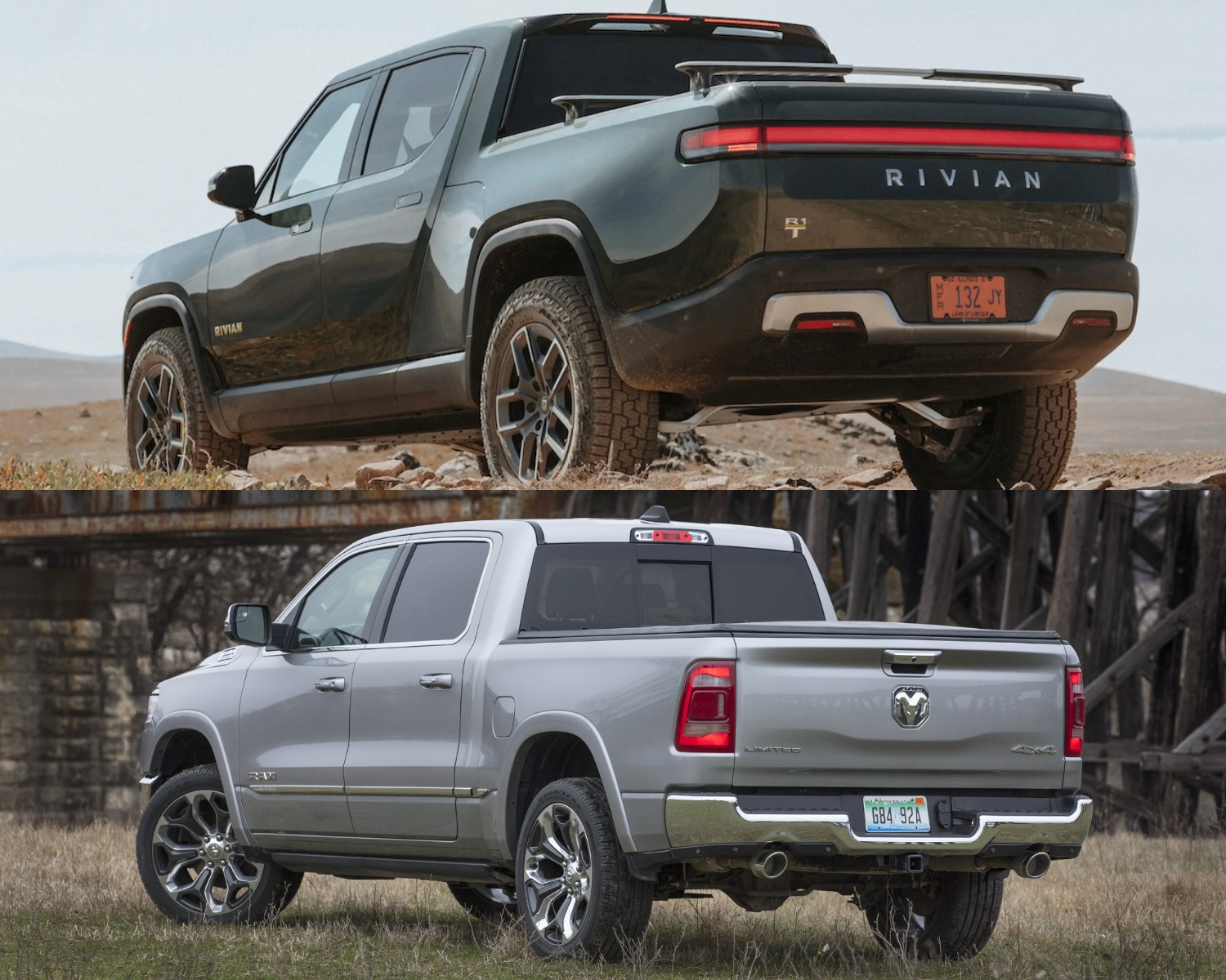 Comparing the 2022 Rivian R1T electric truck to the 2022 Ram 1500 pickup truck