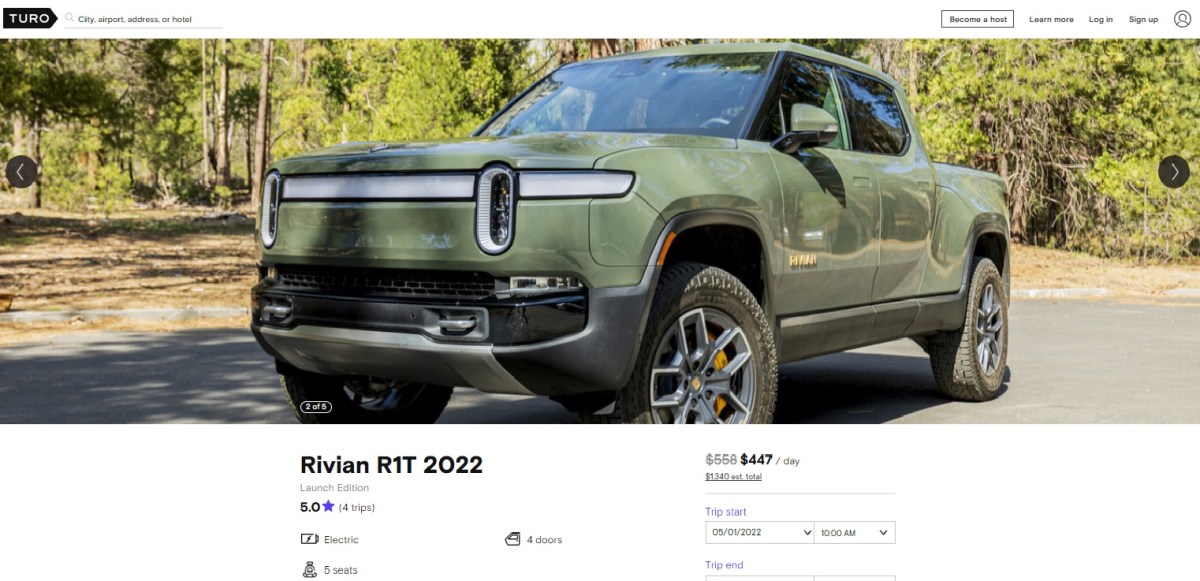 You can rent this Rivian R1T Electric Truck on Turo in San Francisco. 