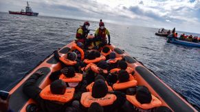 A float plan enacted to rescue migrants from a sinking ship in Sar Libya, Spain