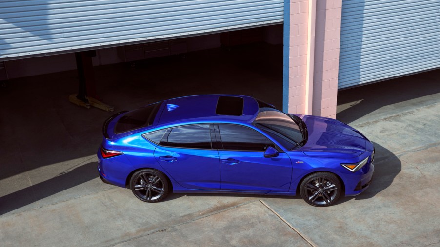 An overhead shot of the 2023 Acura Integra in blue