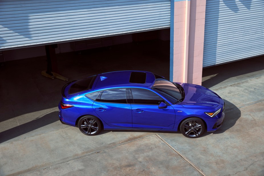 An overhead shot of the 2023 Acura Integra in blue