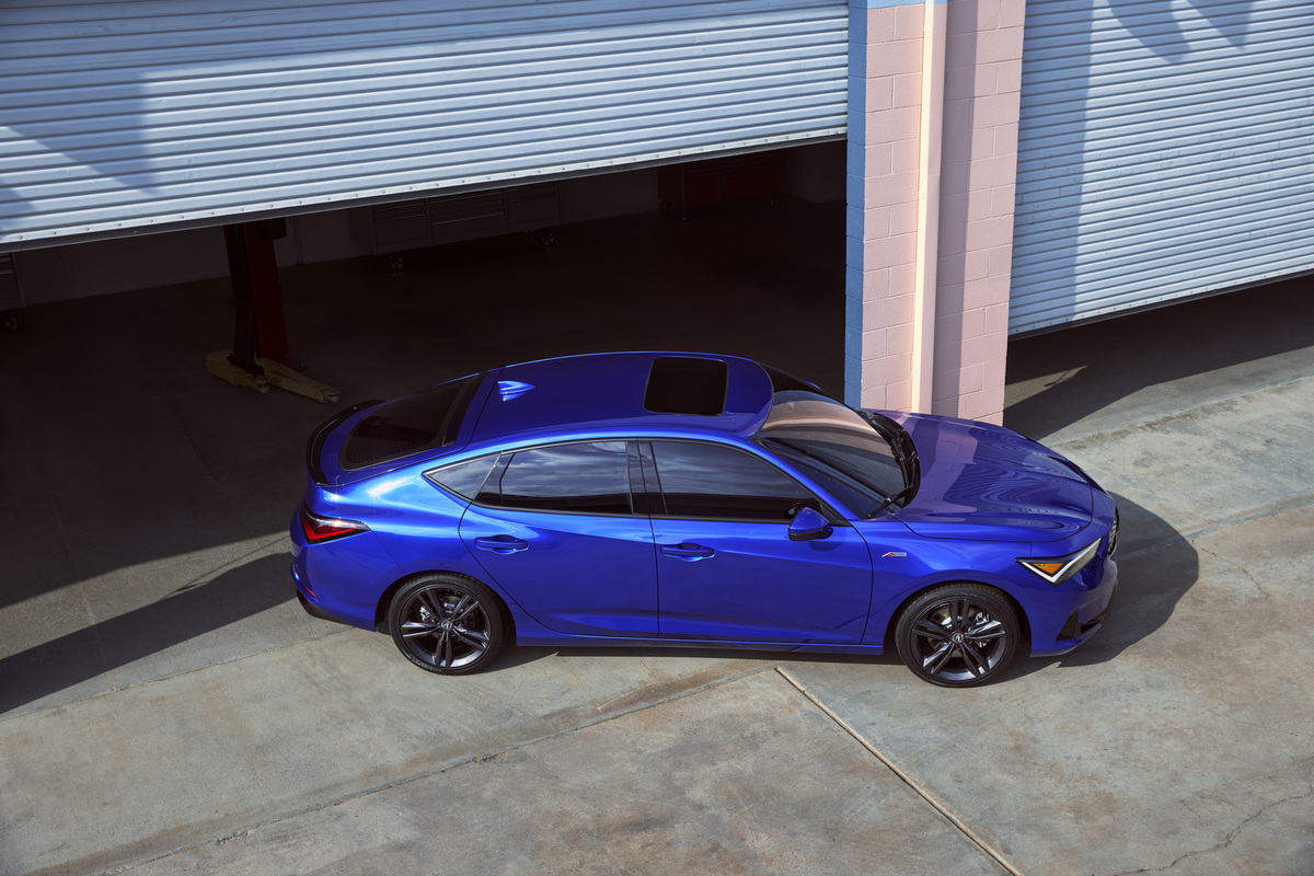 An overhead shot of the 2023 Acura Integra in blue