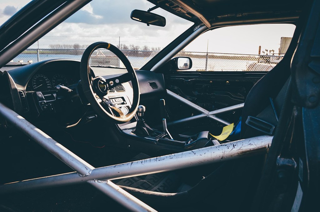 A roll cage in a race car
