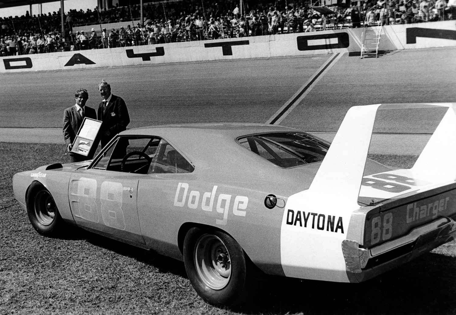 1969 Dodge charger Daytona DC-93 rear 3/4 at Talladega, first car to hit 200 MPH