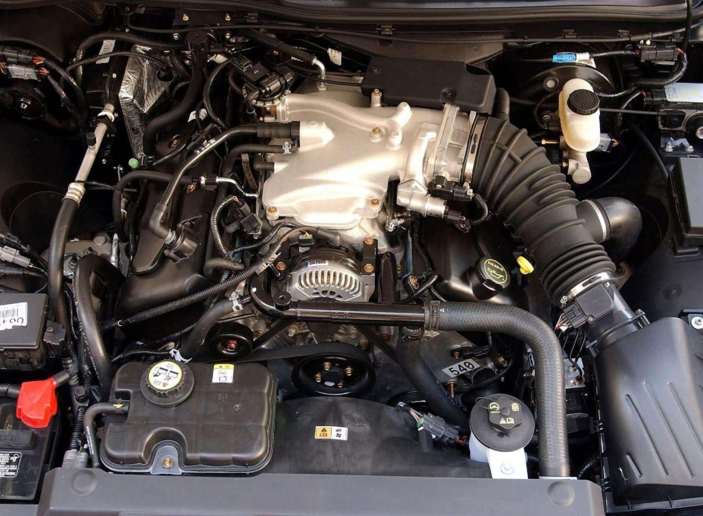 The 4.6-liter V8 in a black 2003 Mercury Marauder's engine bay