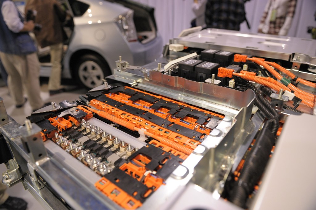 A cutaway display of a 2009 Toyota Prius Plug-in Hybrid's lithium-ion battery pack