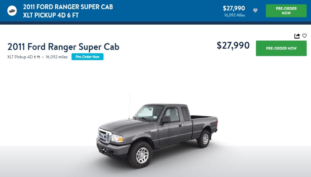 A used Ford Ranger that's listed at Carvana for almost $28,000. That's $6,000 more than the truck was worth new, 11 years ago. 