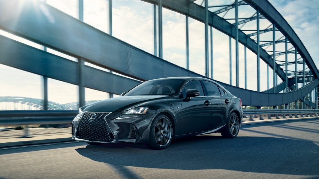 the sleek and sporty 2020 lexus is blackline driving along the road