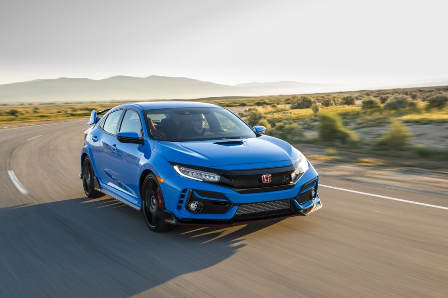 2021 Honda Civic Type R in blue on a racetrack 