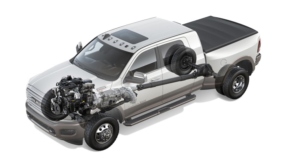 Render of a Ram pickup truck with its powertrain and automatic transmission visible.