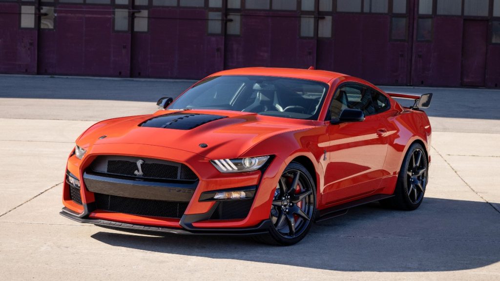 the muscular supercharged 2022 ford mustang shelby gt500 is parked to show off its awesome body lines
