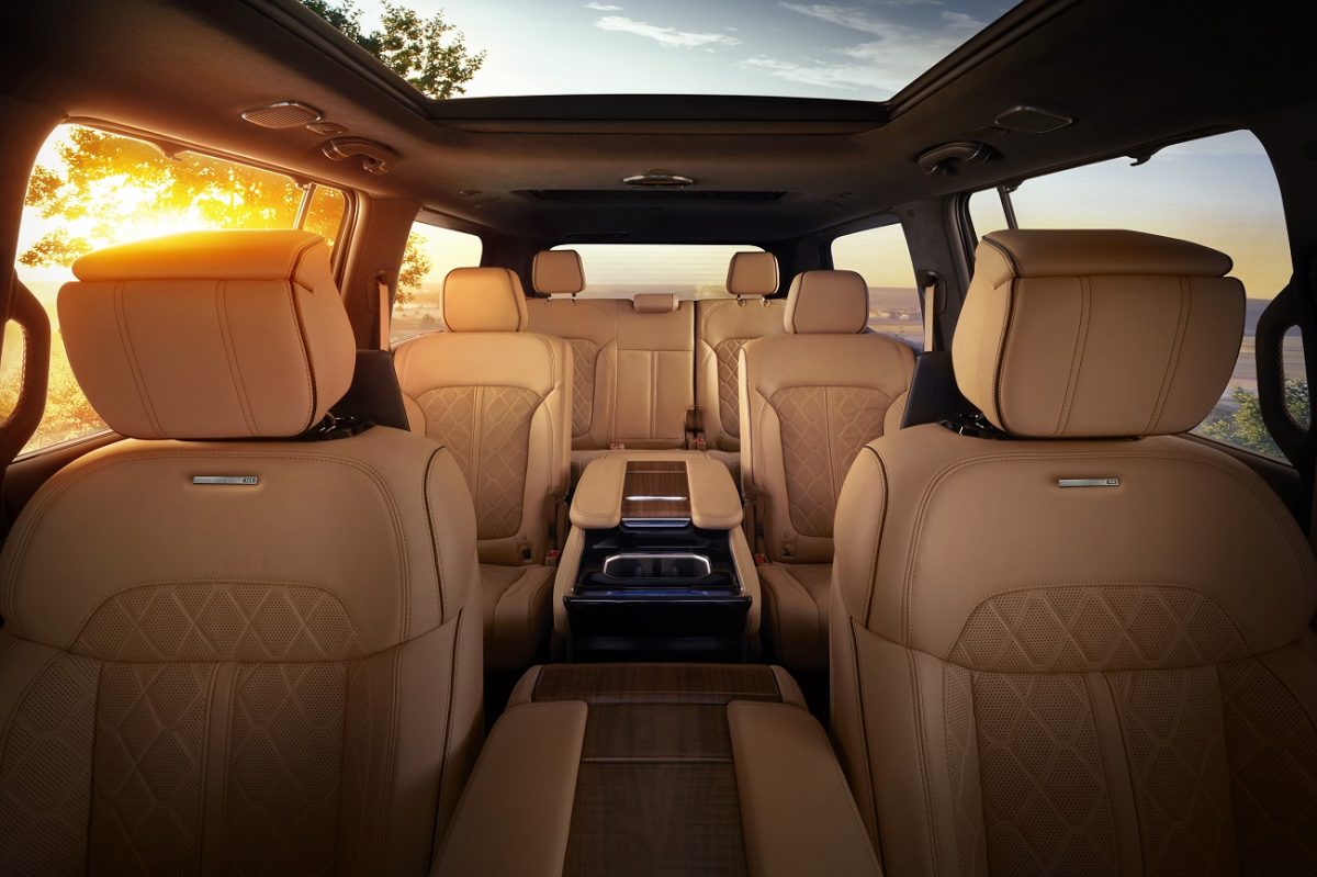 The 2022 Grand Wagoneer features hand-wrapped, quilted Palermo leather seats in all three rows. 