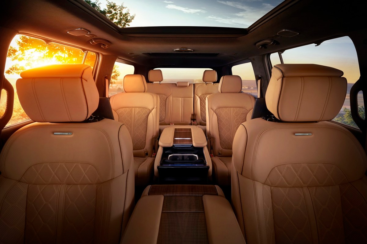 The 2022 Grand Wagoneer features hand-wrapped, quilted Palermo leather seats in all three rows.