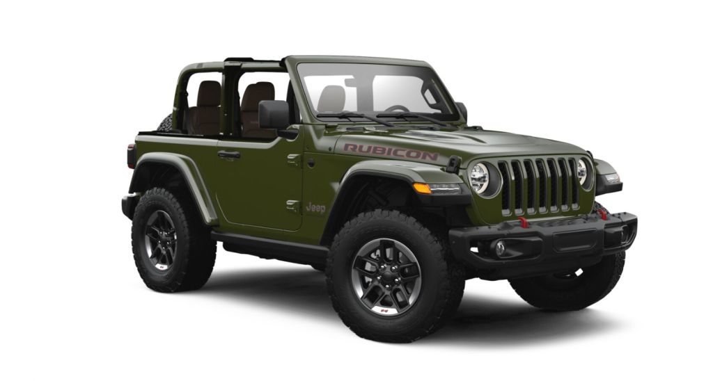 "Sarge Gree" Jeep Wrangler Rubicon configured with half doors and no top.