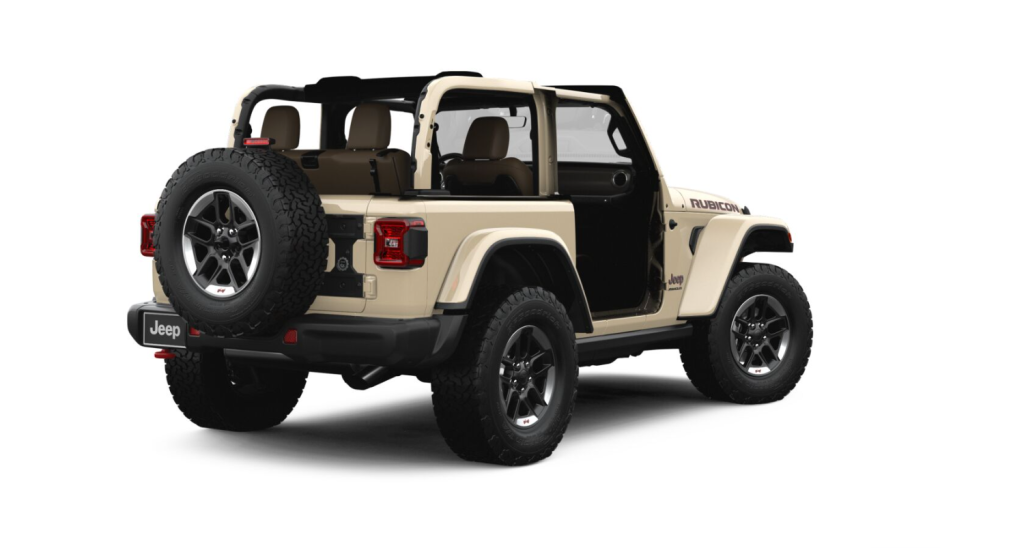 The rear of a two-door Jeep Wrangler Rubicon 4x4 SUV.