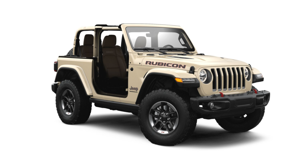 Gobi tan 2022 Jeep Wrangler Rubicon with no doors or roof render by Stellantis.