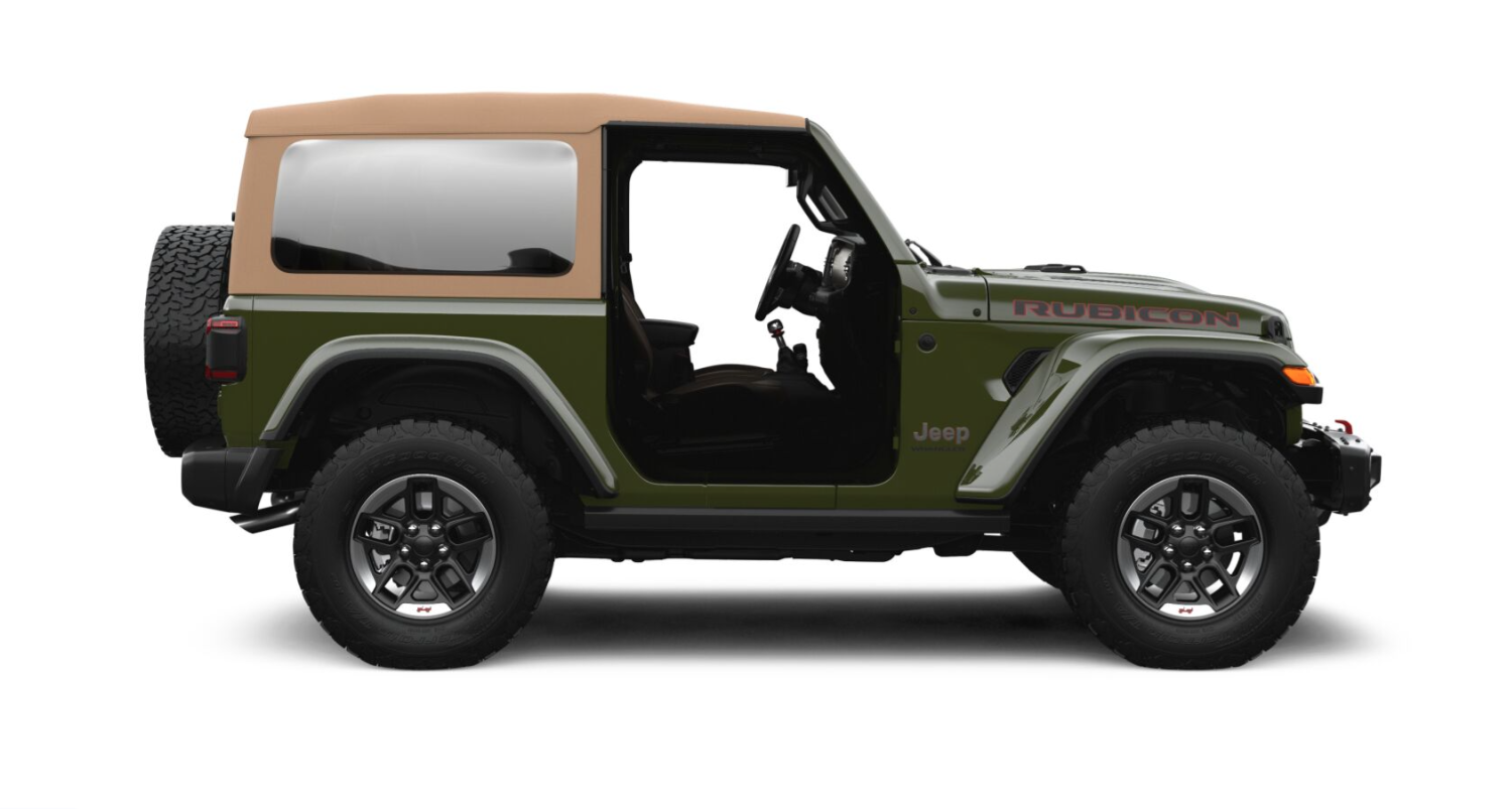 Green Jeep Wrangler Rubicon with a khaki soft top.