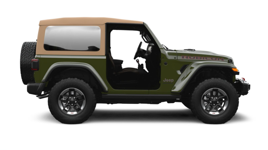 Green Jeep Wrangler Rubicon with a khaki soft top.