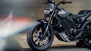 The front view of a gray-with-black-stripes 2023 LiveWire Del Mar Launch Edition electric motorcycle