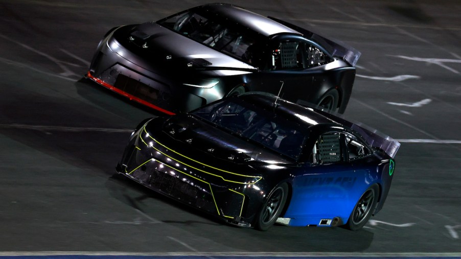 Two NASCAR Next Gen cars completing drafting testing.