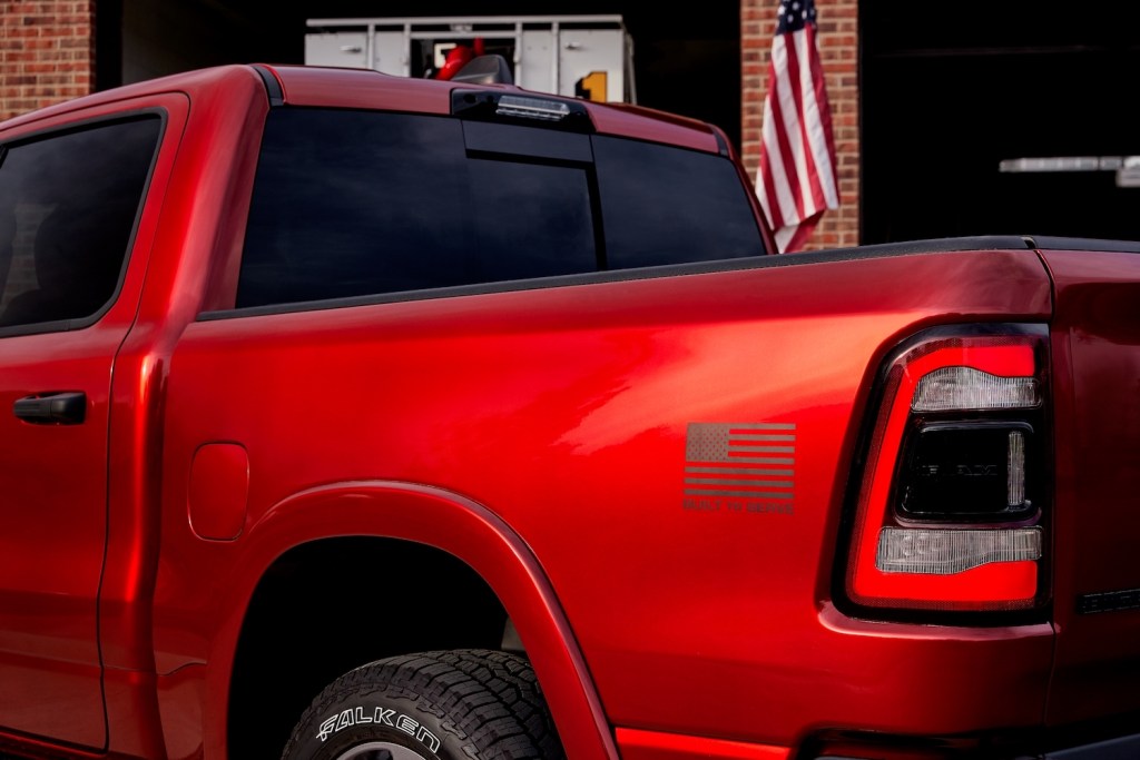 American flag decal on a special edition "Protect and Serve" Ram 1500 pickup truck.