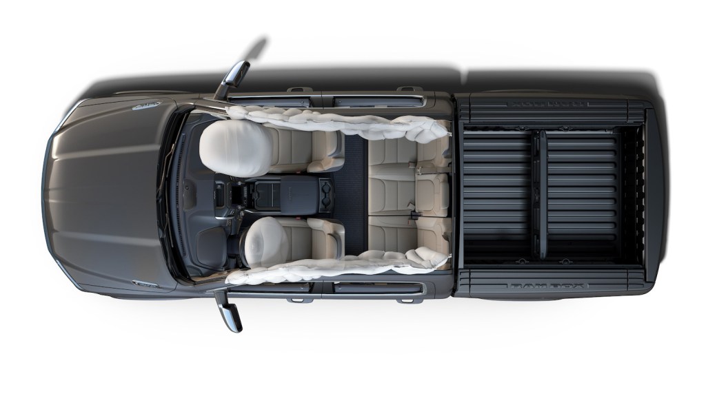 Birds-eye view of the interior of a Ram 1500 pickup truck's four-door cab.