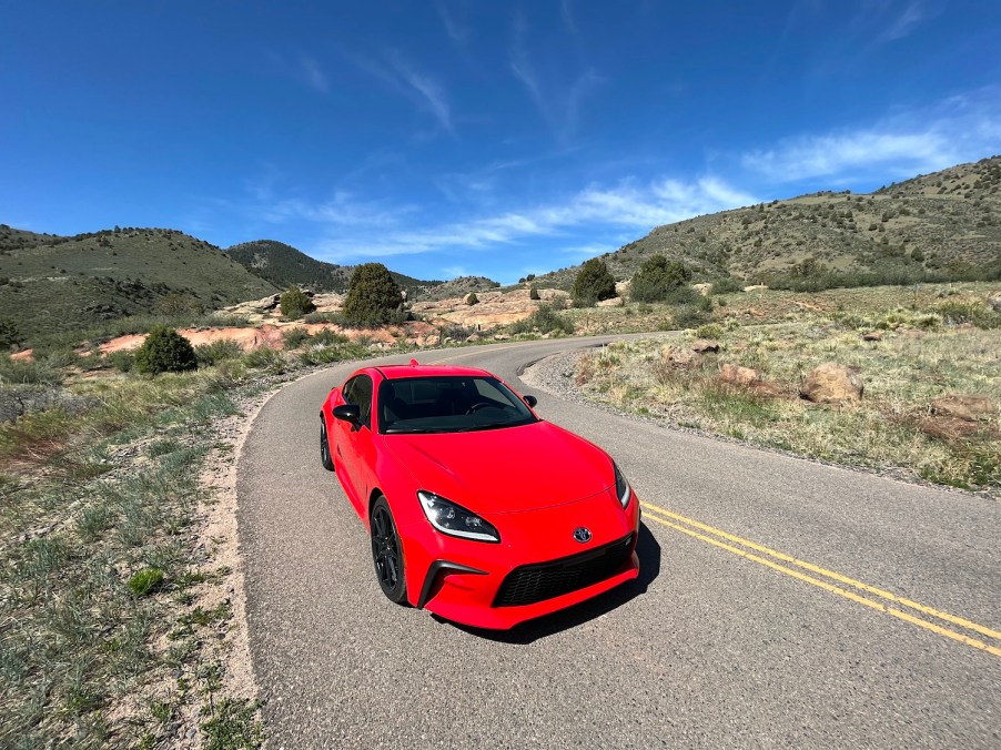 A front angle view of the GR86 coming down a hill.