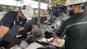 Texas factory workers assembling Toyota's i-FORCE turbocharged V6 engine for the Tundra.