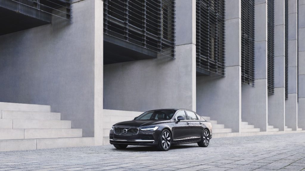 a luxury 2022 volvo s90 is parked and shows off its elegant design, which hides a supercharged engine