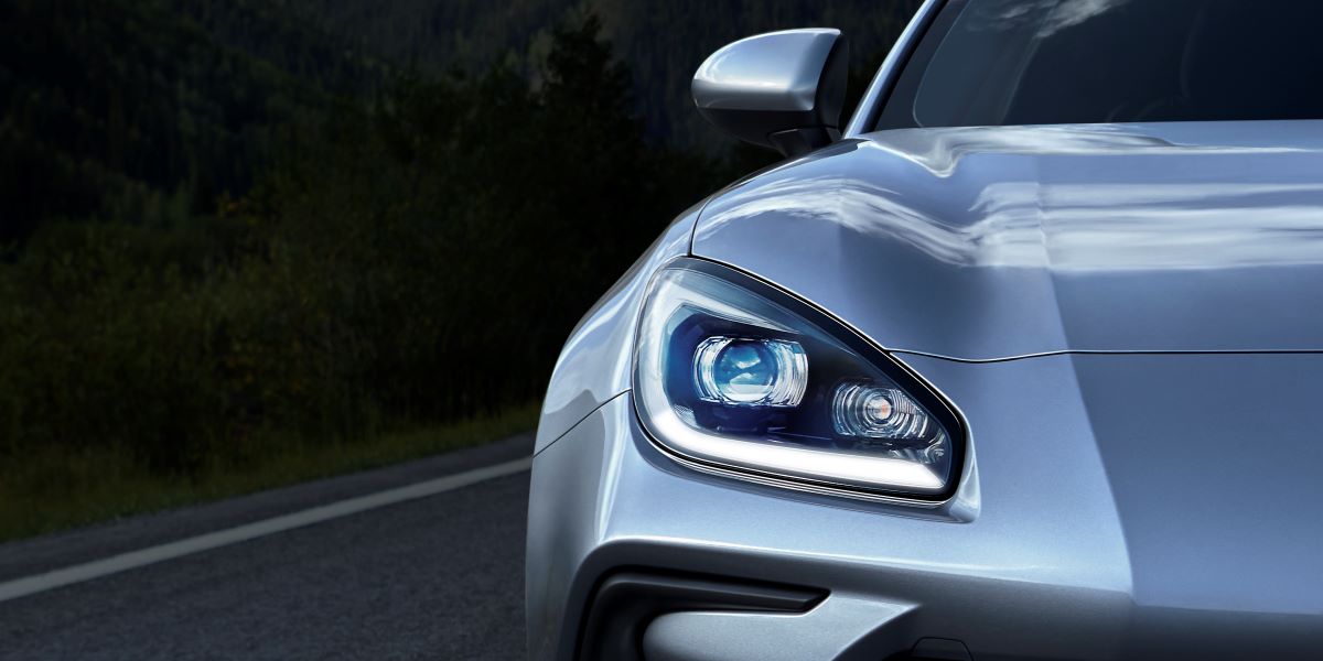 Close-up of the front right headlight on a new Subaru BRZ.  The BRZ is the only car that doesn't offer Subaru all-wheel drive