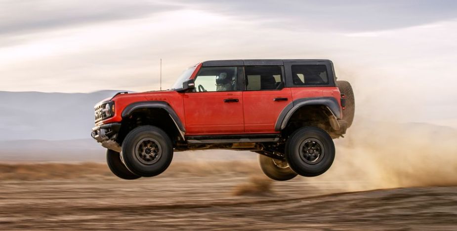 The 2022 Ford Bronco Raptor flying through the air 