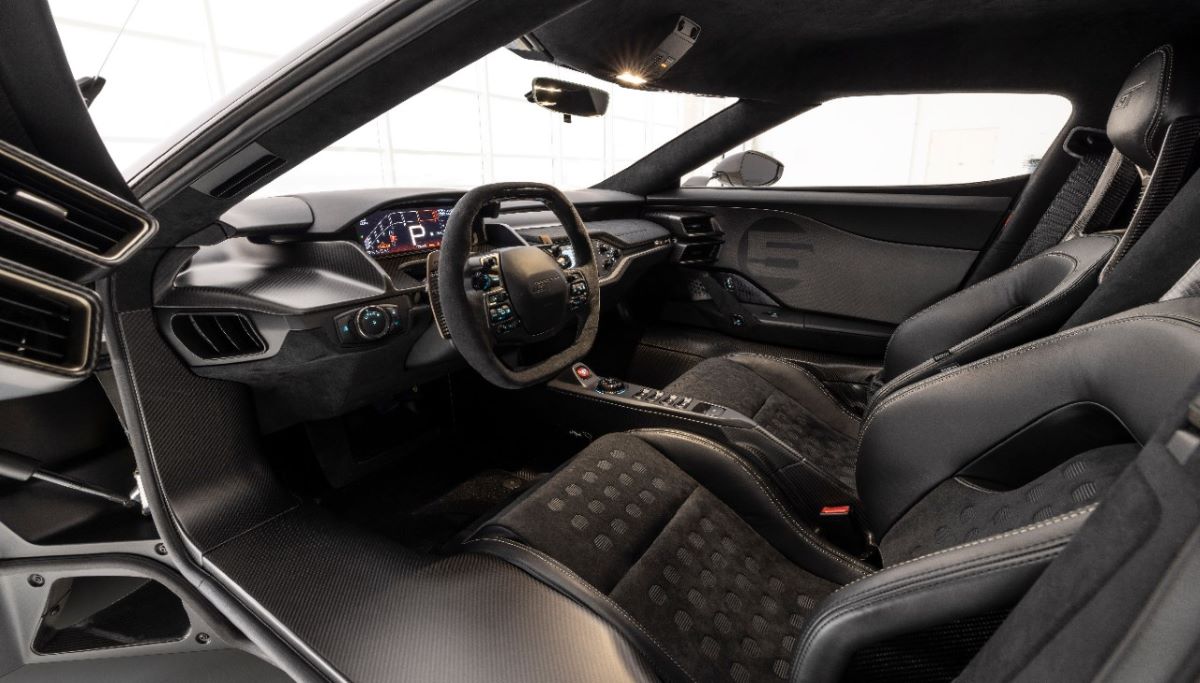 Black-on-black leather and sueded Ford GT interior.  This is one of the Heritage Edition GT supercars with a special edition interior