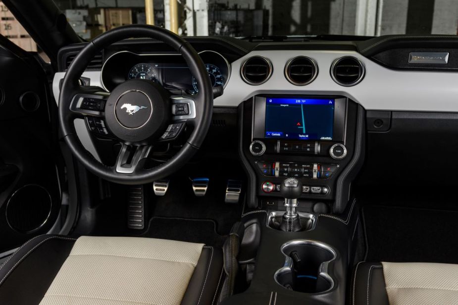 Black and brown interior of a 2022 Ford Mustang muscle car
