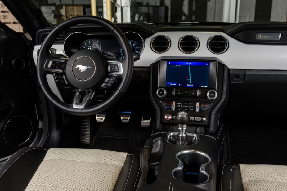 Black-and-tan interior of a 2022 Ford Mustang muscle car