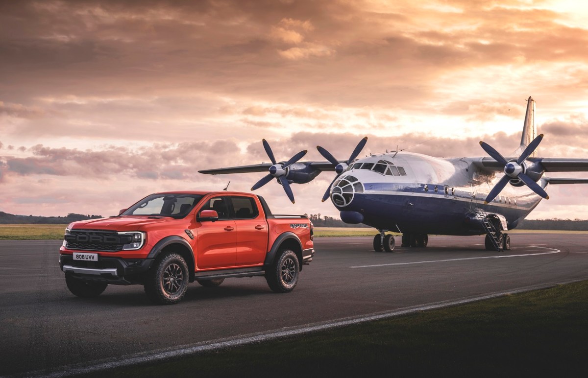 A red 2023 Ranger Raptor on a runway