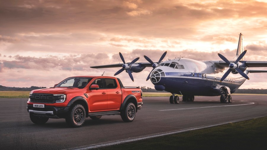 a red 2023 Ford Ranger Raptor on a runway