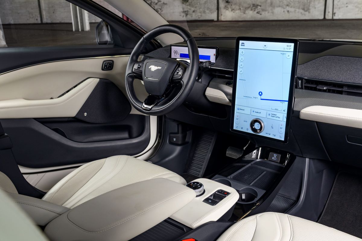 Interior of a 2022 Ford Mustang Mach-E with Ford's Ice White appearance package
