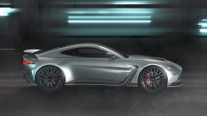 The side view of a silver 2023 Aston Martin V12 Vantage