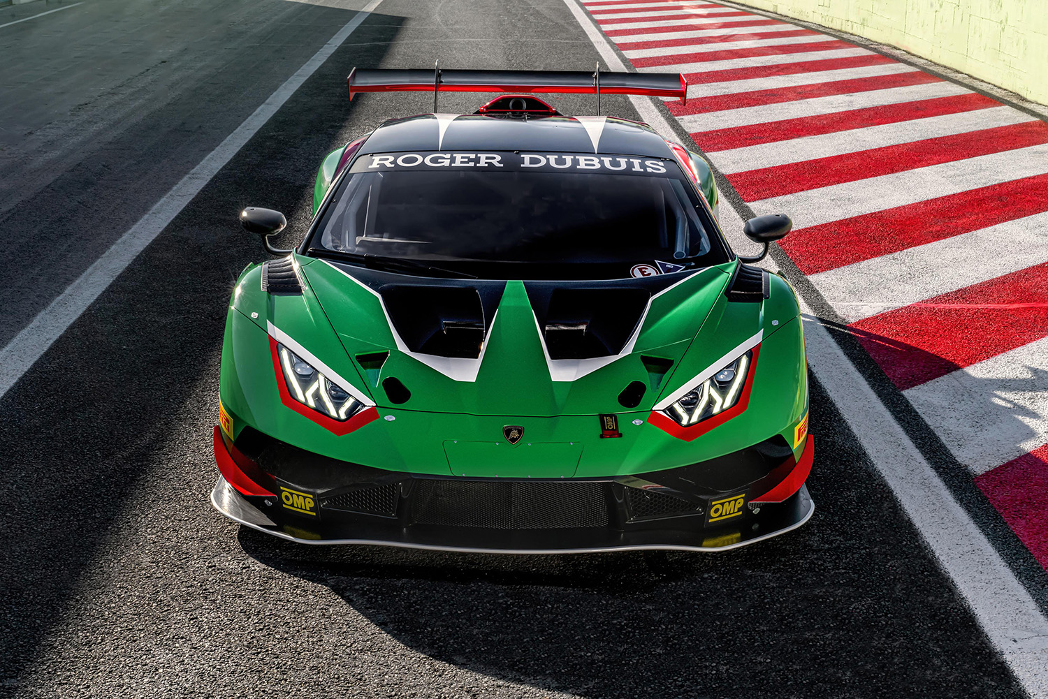 Front end of new Lamborghini Huracan GT3 EVO2 STO based supercar race car on track