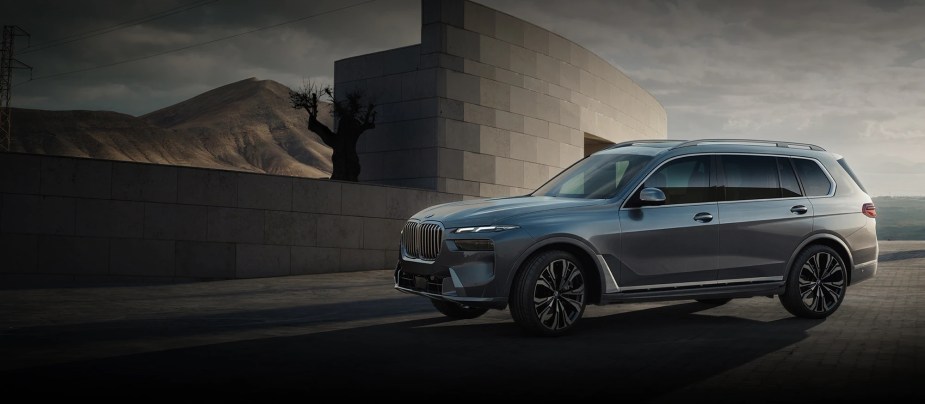 A blue 2023 BMW X7 - the only luxury large SUV recommended by Consumer Reports.