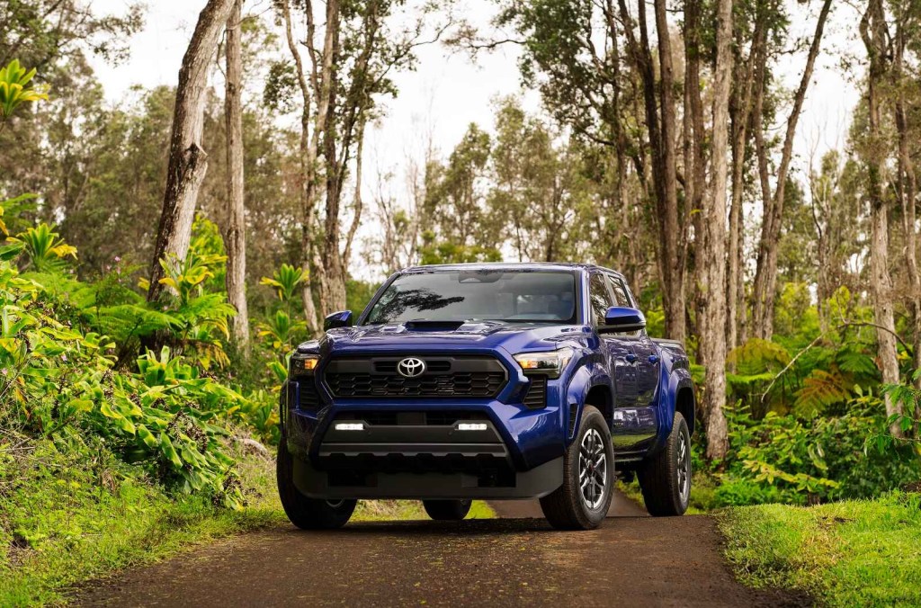 blue 2024 Toyota Tacoma TRD Sport parked on a tree-lined dirt road