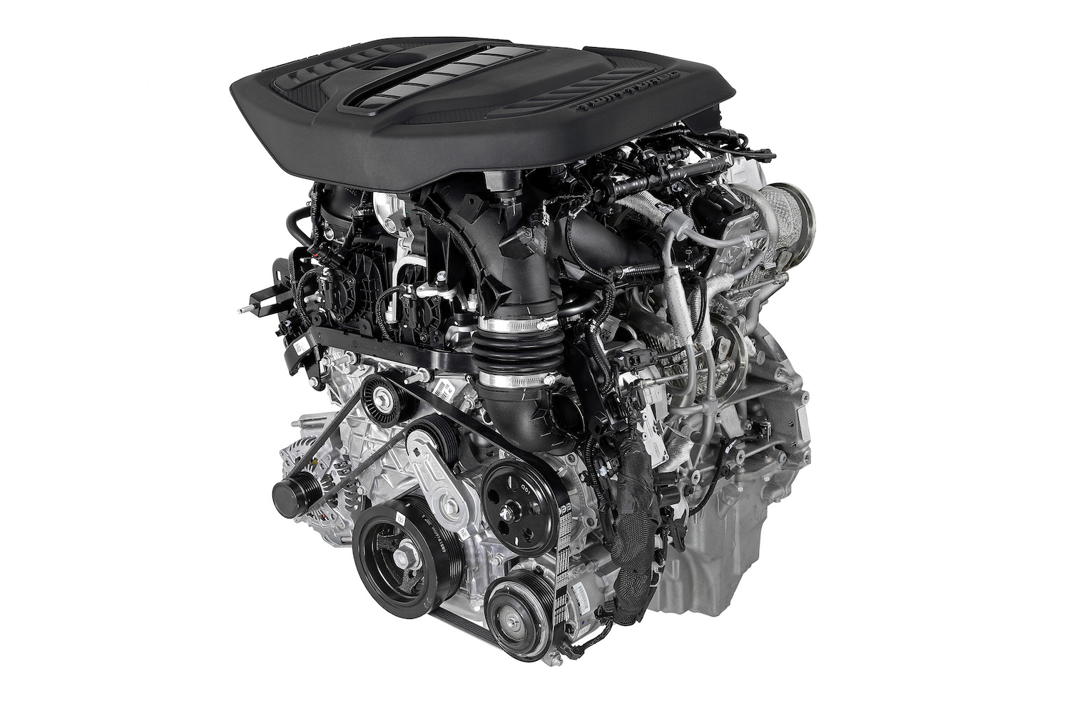 Promo photo of Dodge's new Hurricane I6 engine on a white background.