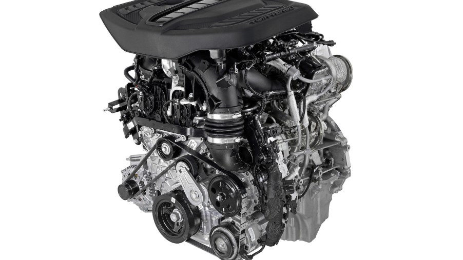 Promo photo of Dodge's new Hurricane I6 engine on a white background.