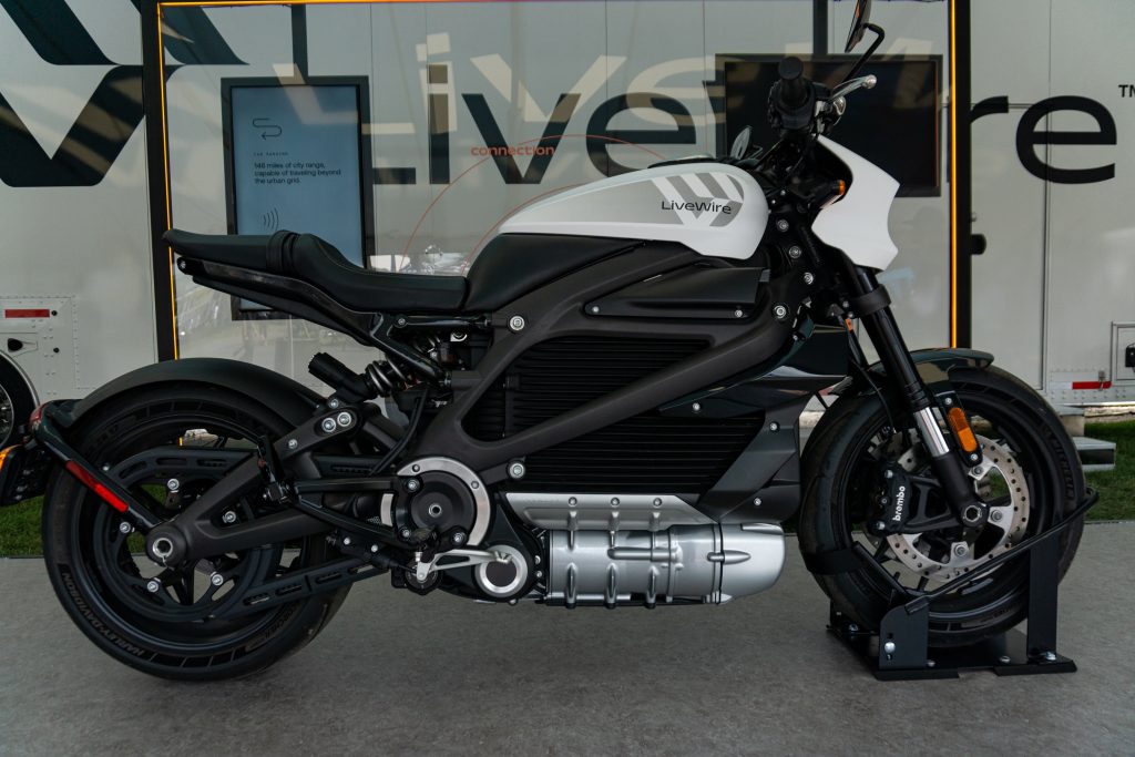 The side view of a black-and-white street-legal LiveWire One electric motorcycle at IMS Outdoors Chicago 2021